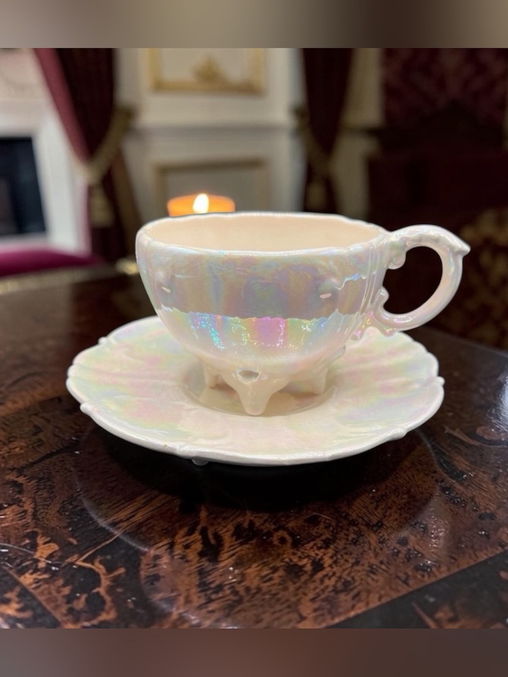 VICTORIAN ERA LOMA IRIDESCENT TEA CUP AND SAUCER